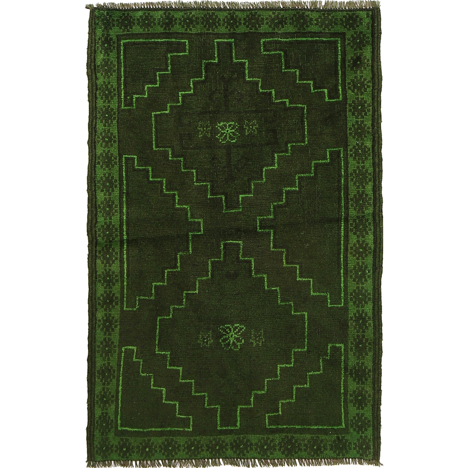 Overdyed Area Rug Handmade Green Geometric 2x4 ft