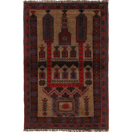 Baluchi Rug Handmade Beige Prayer Design 2x4 ft