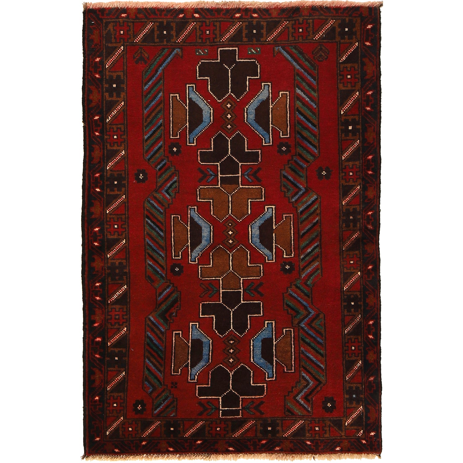 Baluchi Rug Handmade Red Geometric 2x4 ft