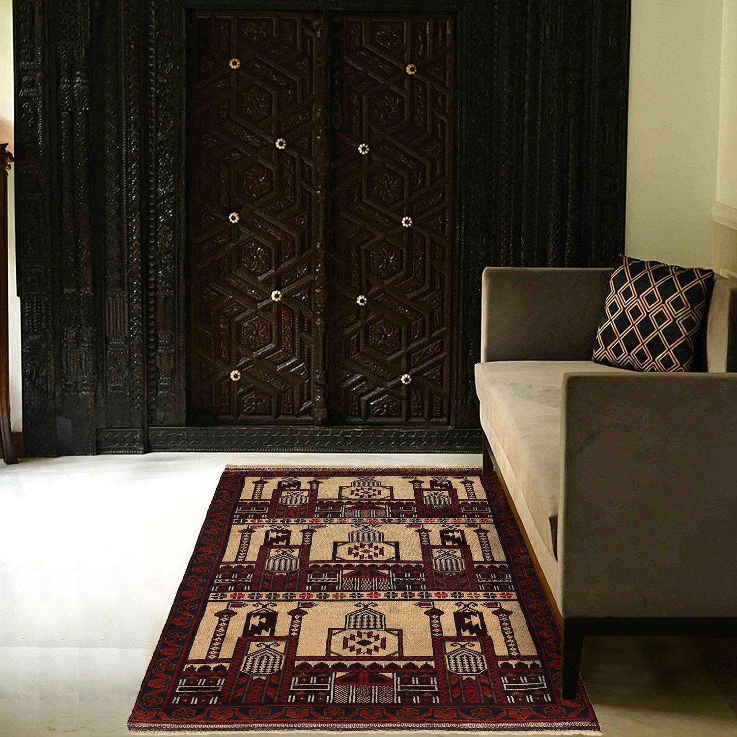 Baluchi Rug Handmade Beige Prayer Design 3x5 ft
