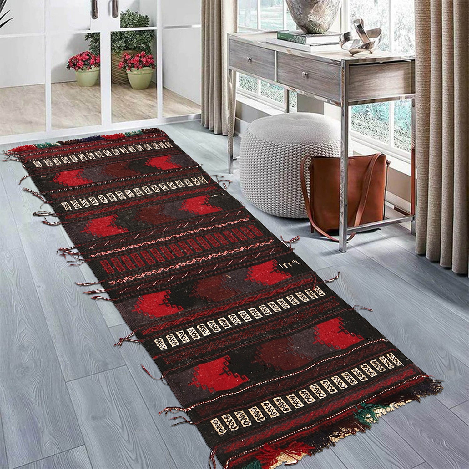Table Sheet Runner Rug Handmade Multi Curvilinear 5' Runner