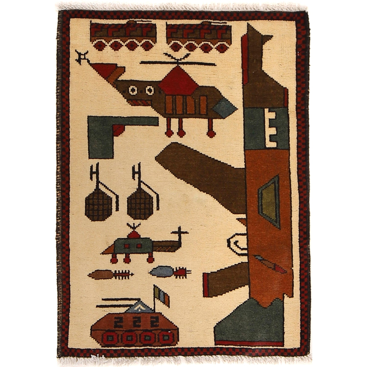 War Area Rug Handmade Beige Rifle + Tank 2 x 3 ft