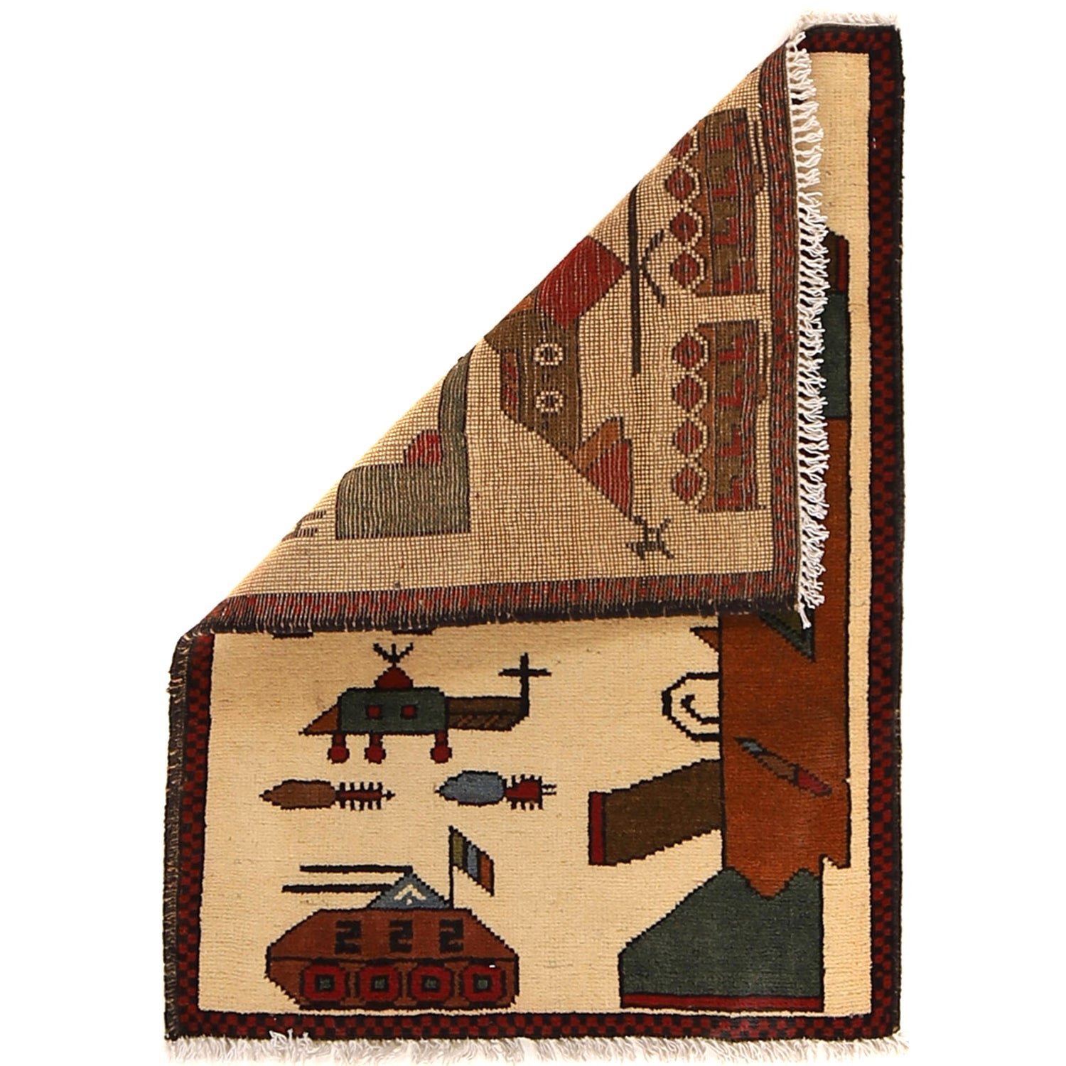 War Area Rug Handmade Beige Rifle + Tank 2 x 3 ft