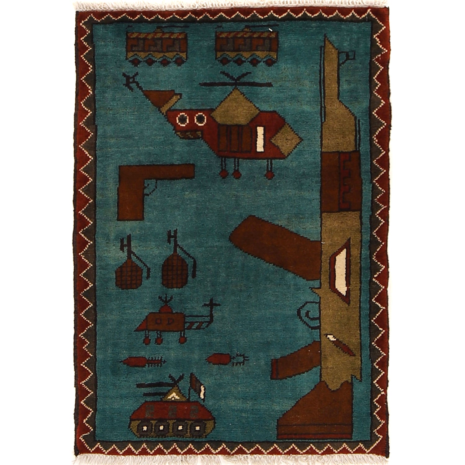 War Area Rug Handmade Blue Rifle 2 x 3 ft