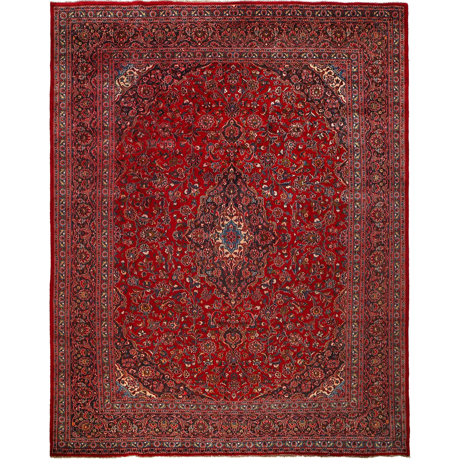 Kashan Area Rug Handmade Deep Red Medallion 10x13 ft