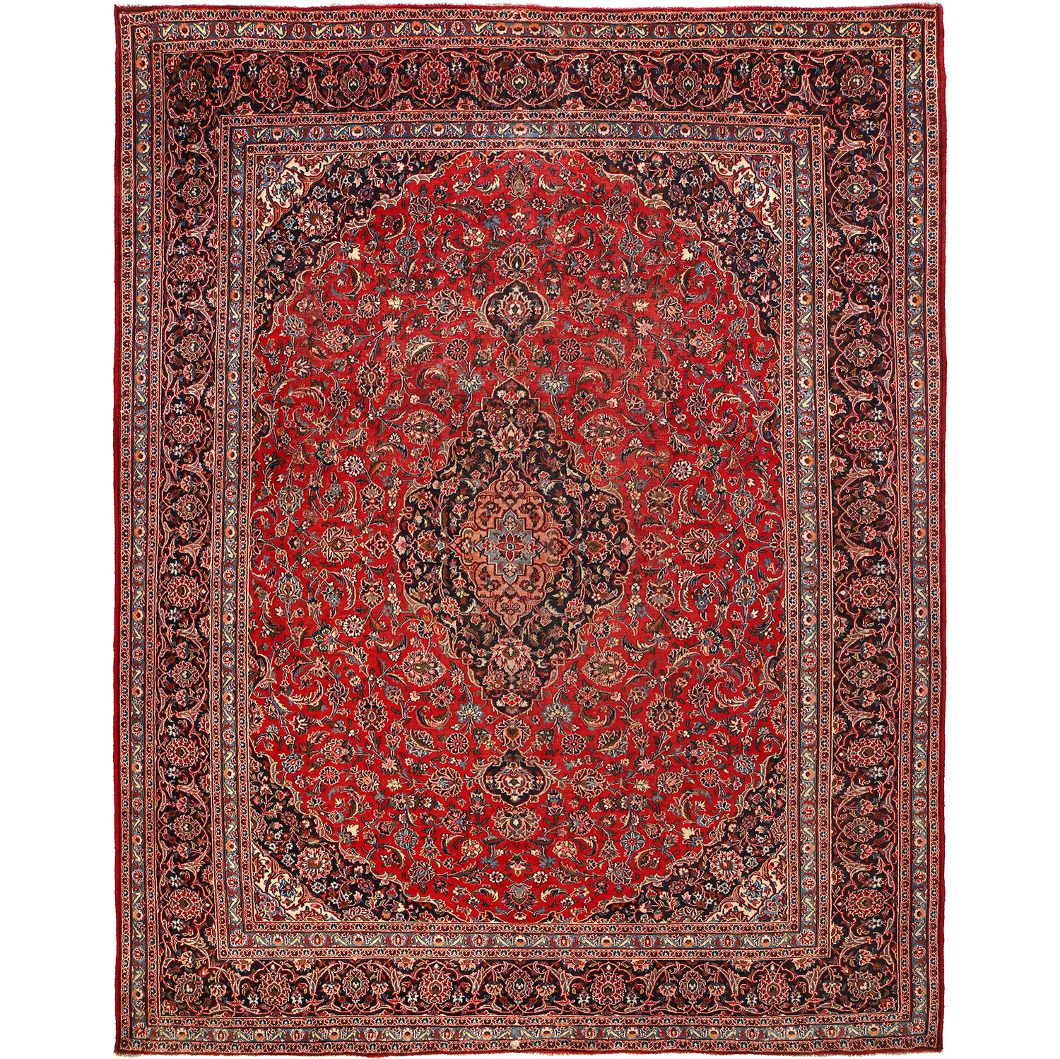 Kashan Area Rug Handmade Deep Red Medallion 10x13 ft