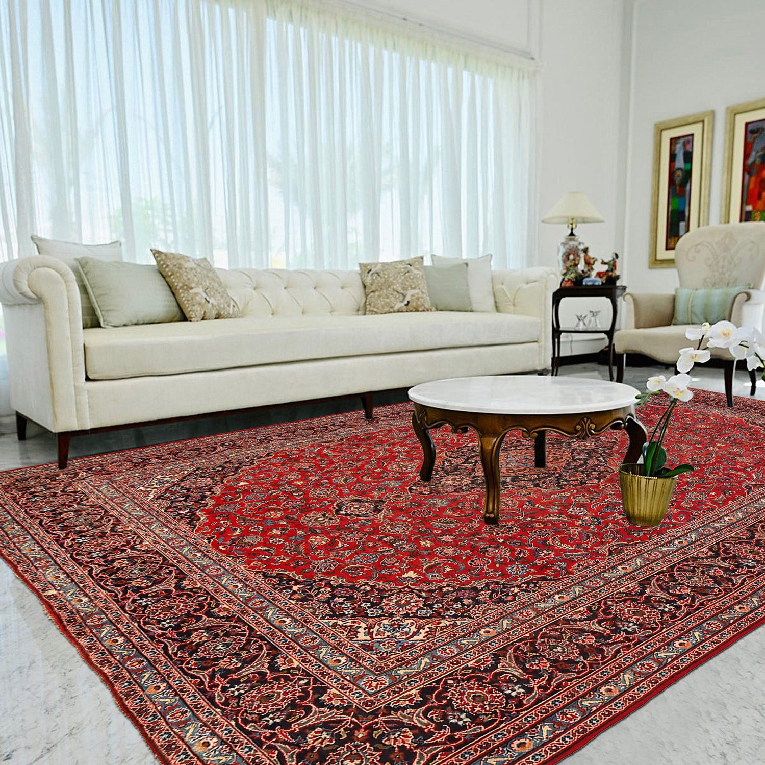 Kashan Area Rug Handmade Deep Red Medallion 10x13 ft