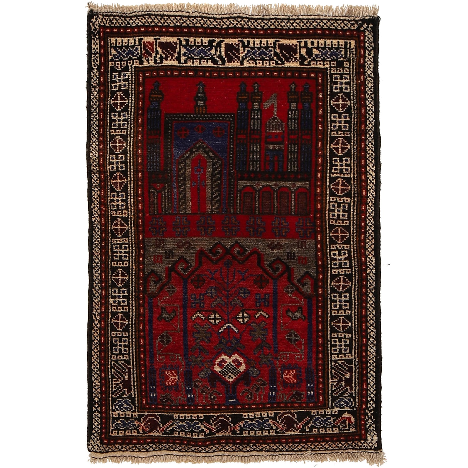 Baluchi Rug Handmade Red Prayer Design 2x4 ft