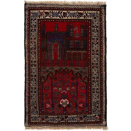 Baluchi Rug Handmade Red Prayer Design 2x4 ft