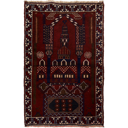 Baluchi Rug Handmade Red Prayer Design 3x5 ft