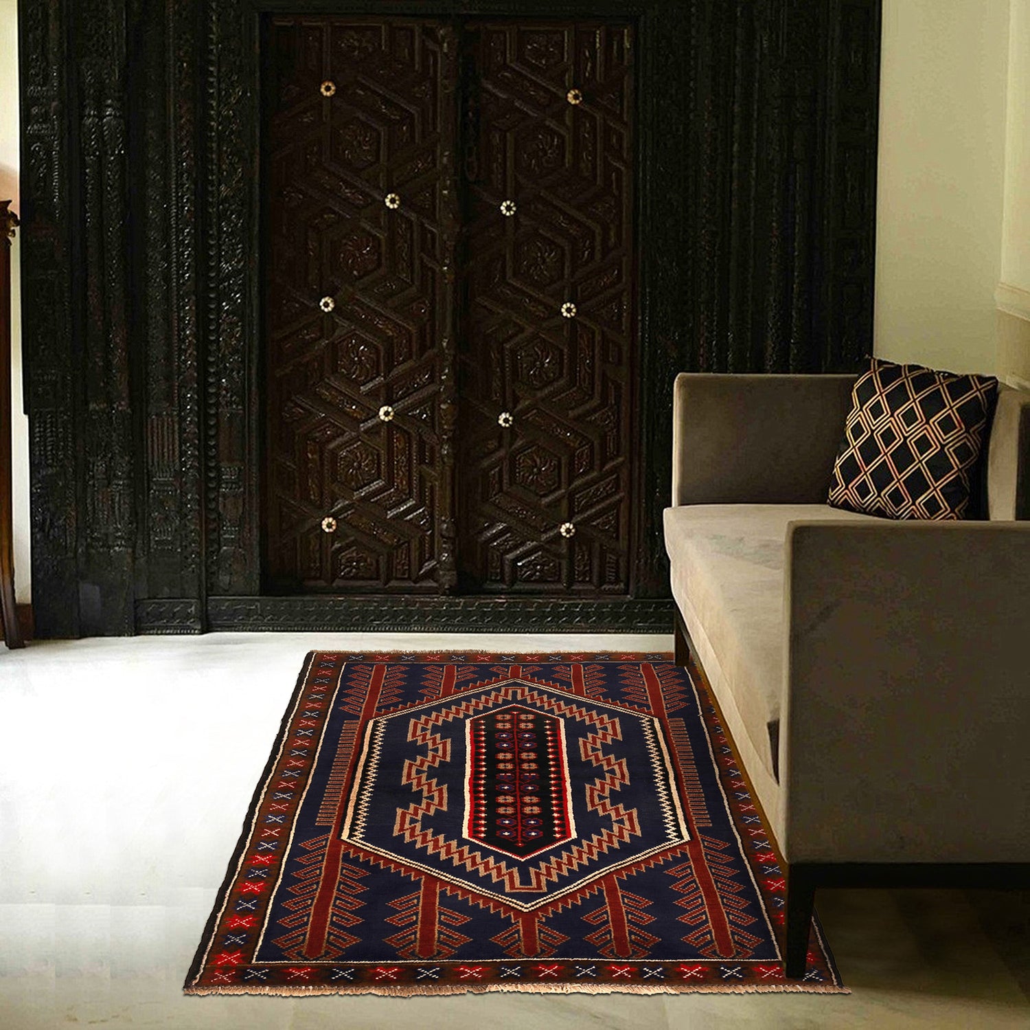 Baluchi Rug Handmade Dark Blue Geometric 3x5 ft