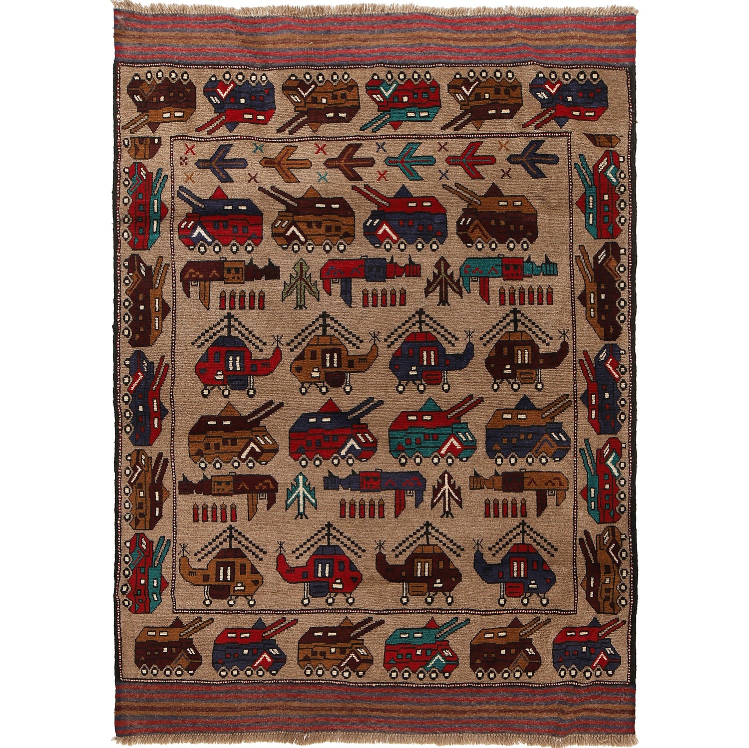 War Area Rug Handmade Brown Tank + Helicopter 4x6 ft