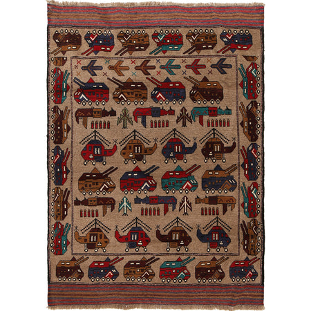 War Area Rug Handmade Brown Tank + Helicopter 4x6 ft