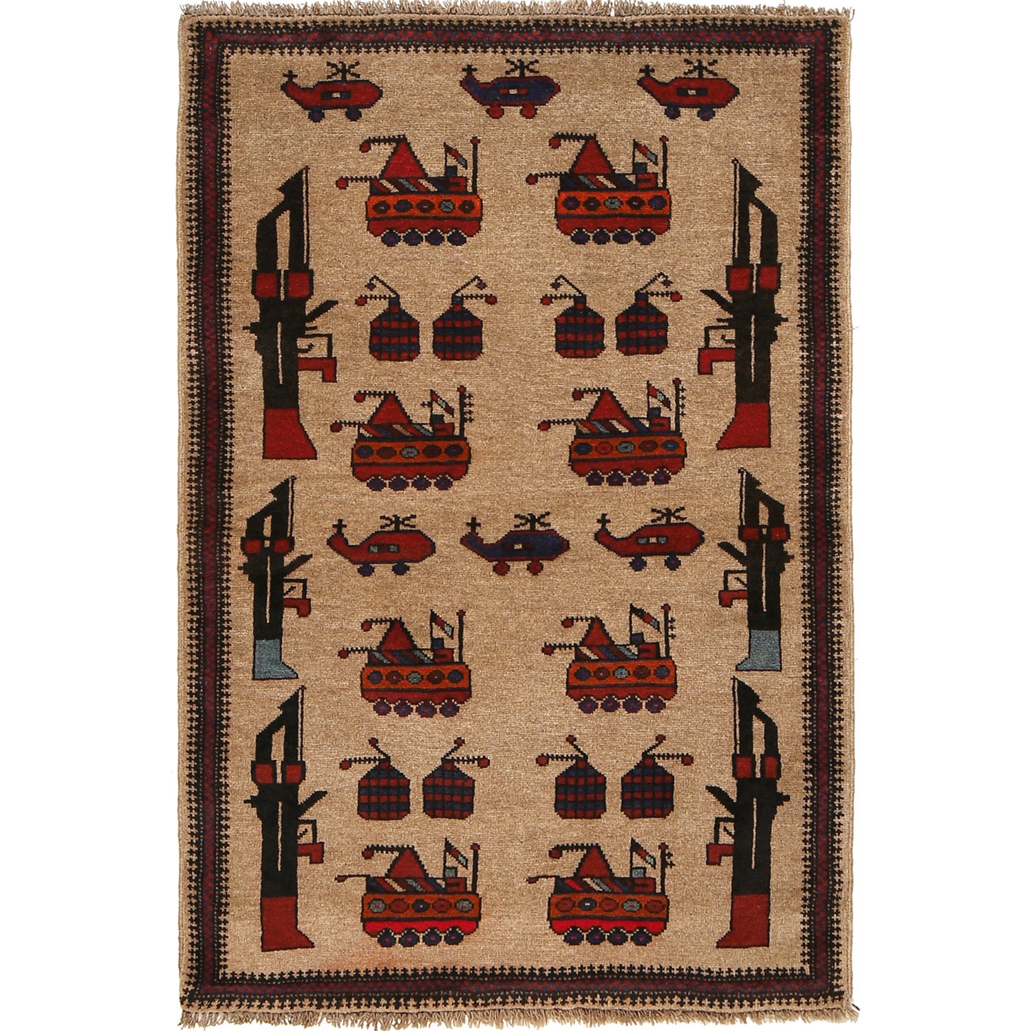 War Area Rug Handmade Brown Tank + Riffle + Helicopter 3x5