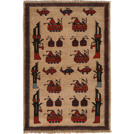 War Area Rug Handmade Brown Tank + Riffle + Helicopter 3x5