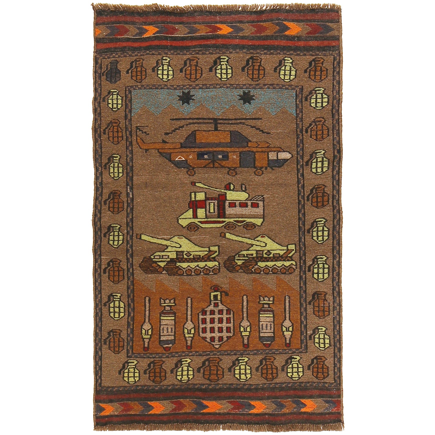 War Area Rug Handmade Brown Tank + Helicopter 3x5 ft