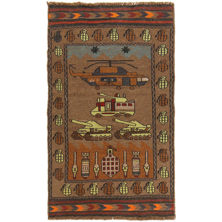 War Area Rug Handmade Brown Tank + Helicopter 3x5 ft