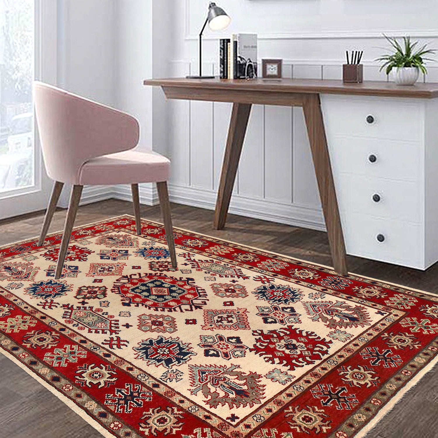Kazak Rug Handmade Ivory Medallion 4x7 ft