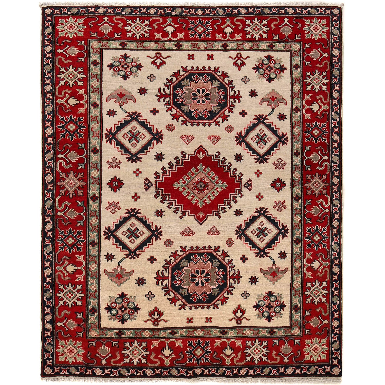 Kazak Rug Handmade Ivory Medallion 4x7 ft