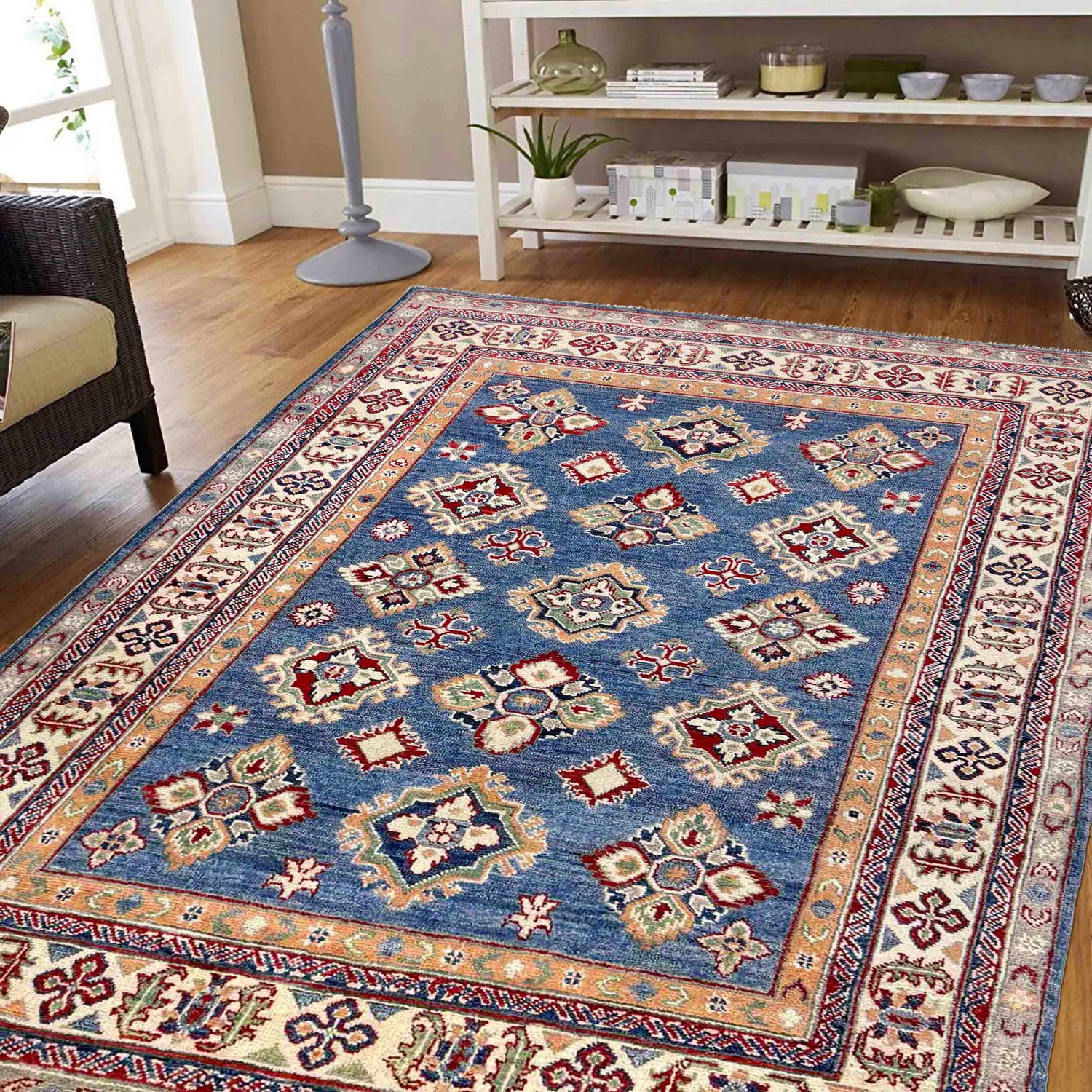 Kazak Rug Handmade Blue Medallion 4x7 ft