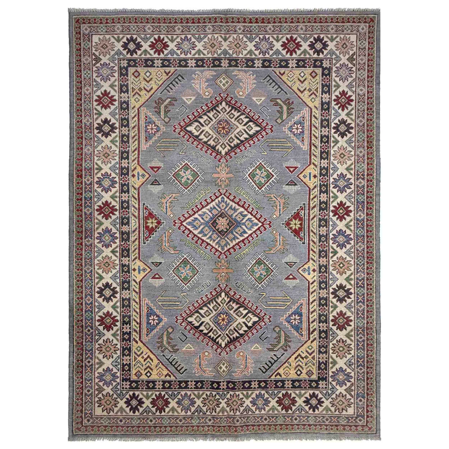 Kazak Rug Handmade Gray Medallion 4x7 ft