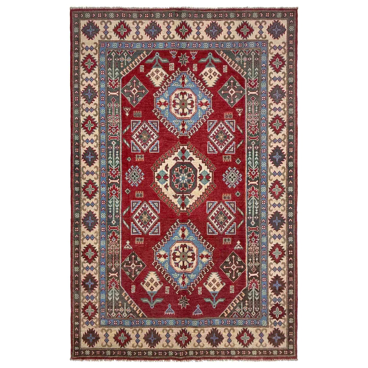 Kazak Rug Handmade Red Medallion 5x8 ft