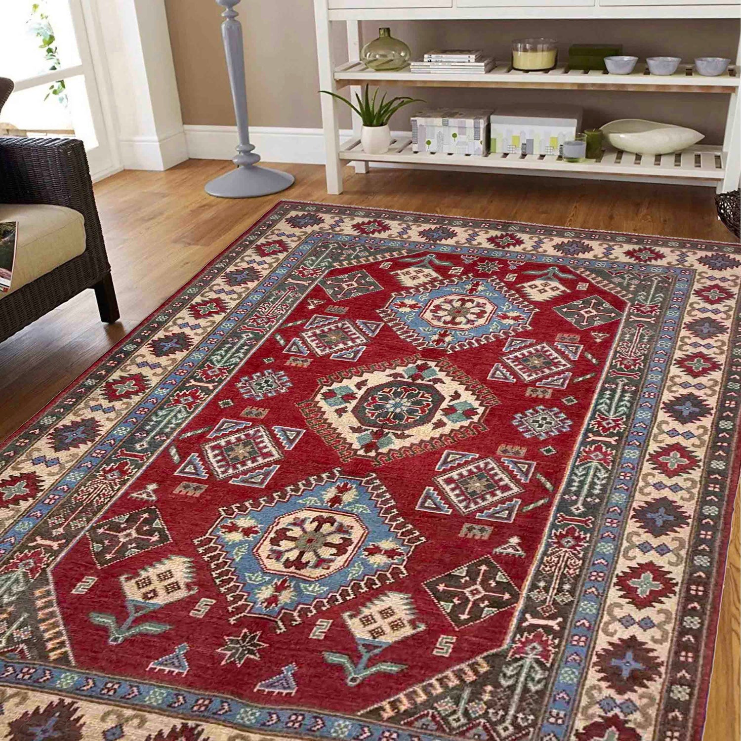 Kazak Rug Handmade Red Medallion 5x8 ft
