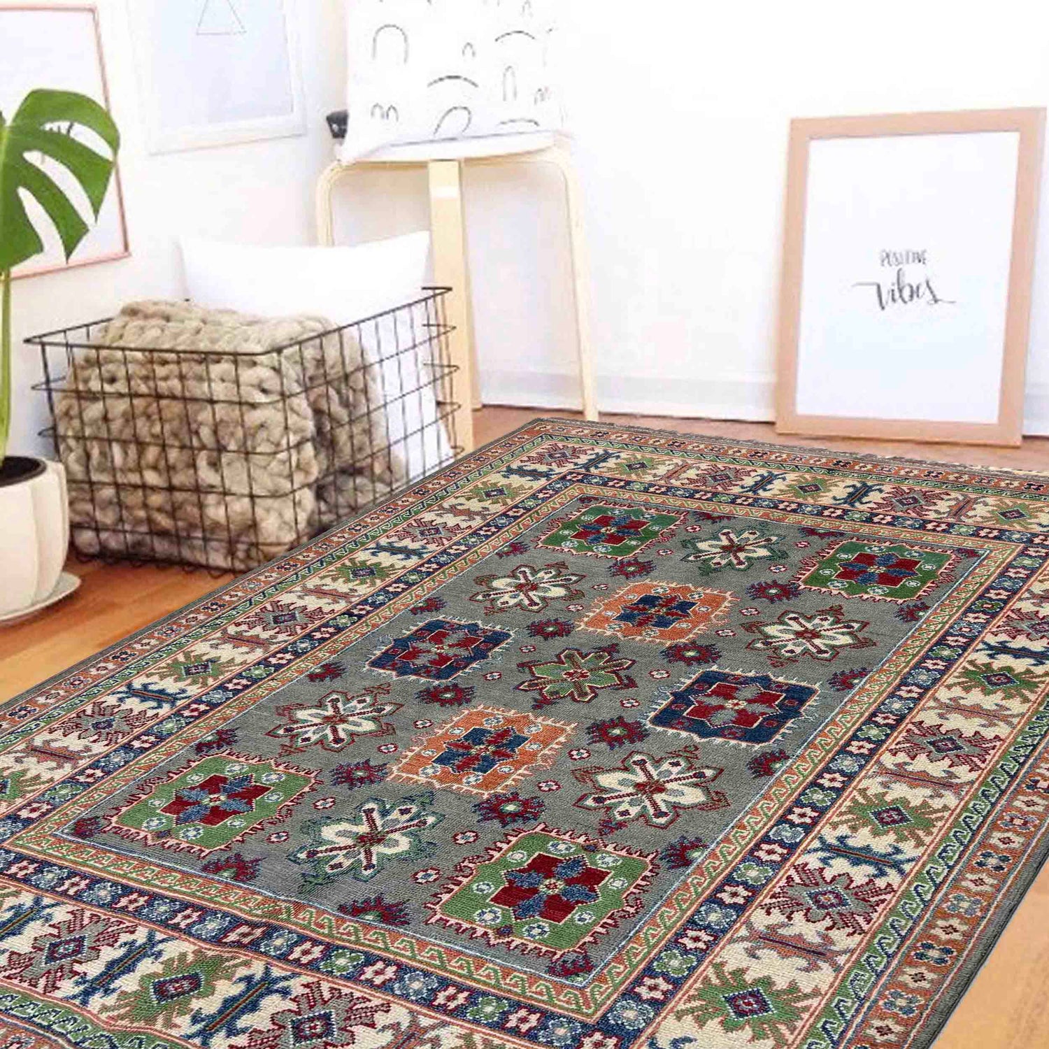Kazak Rug Handmade Gray Medallion 4x7 ft