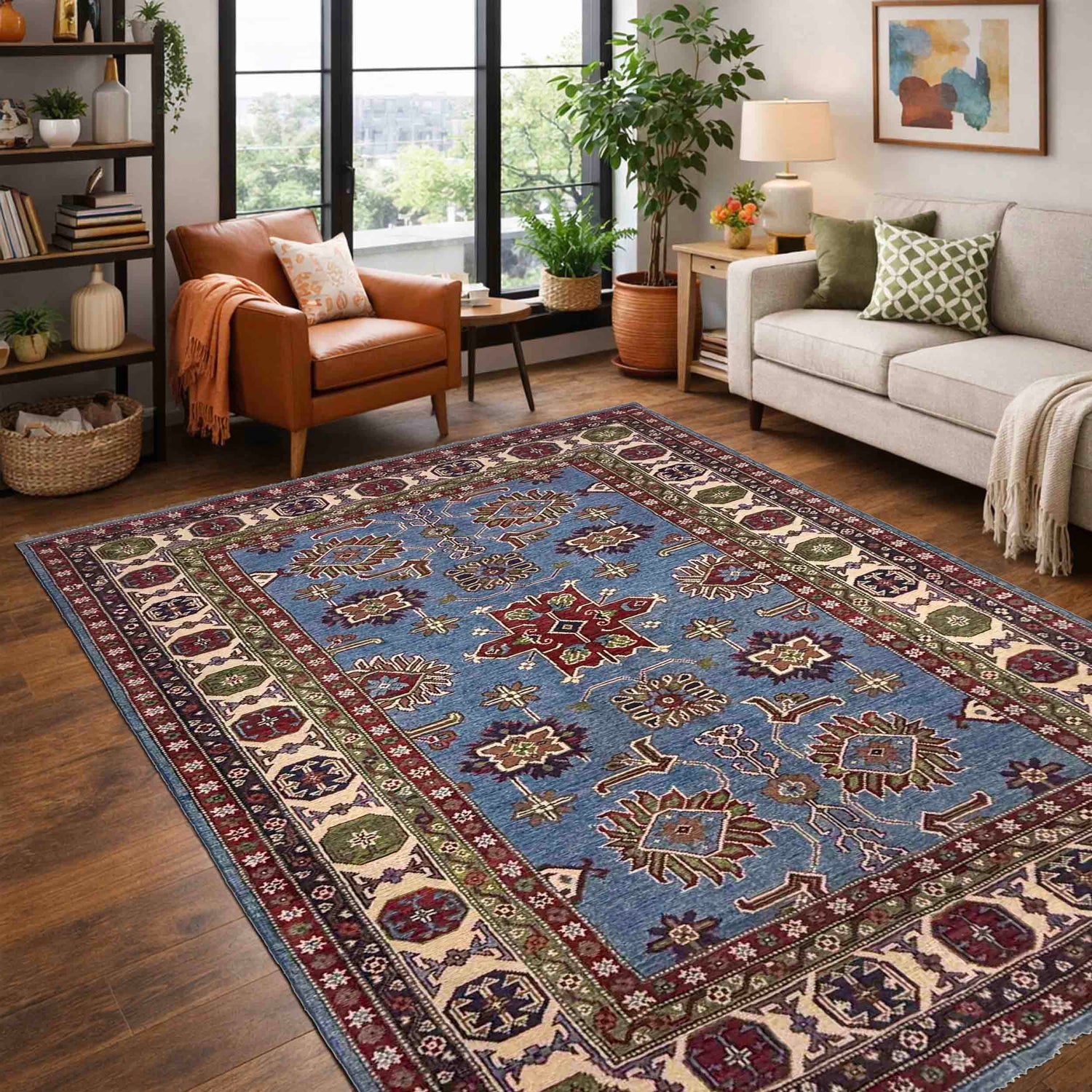 Kazak Rug Handmade Blue Medallion 5x8 ft