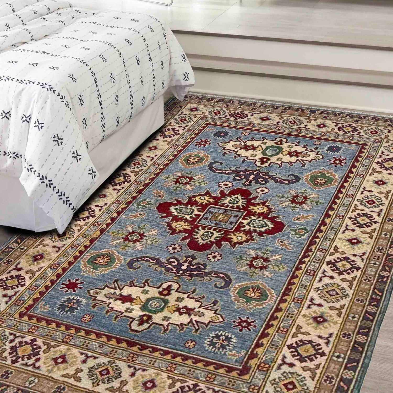 Kazak Rug Handmade Blue Medallion 4x6 ft