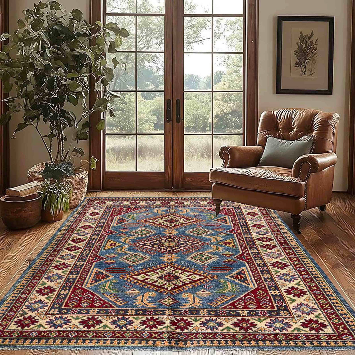 Kazak Rug Handmade Blue Medallion 4x7 ft