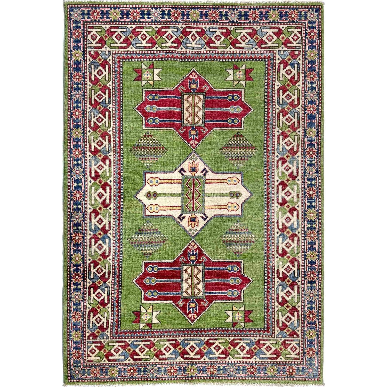 Kazak Rug Handmade Green Medallion 4x6 ft