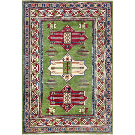 Kazak Rug Handmade Green Medallion 4x6 ft