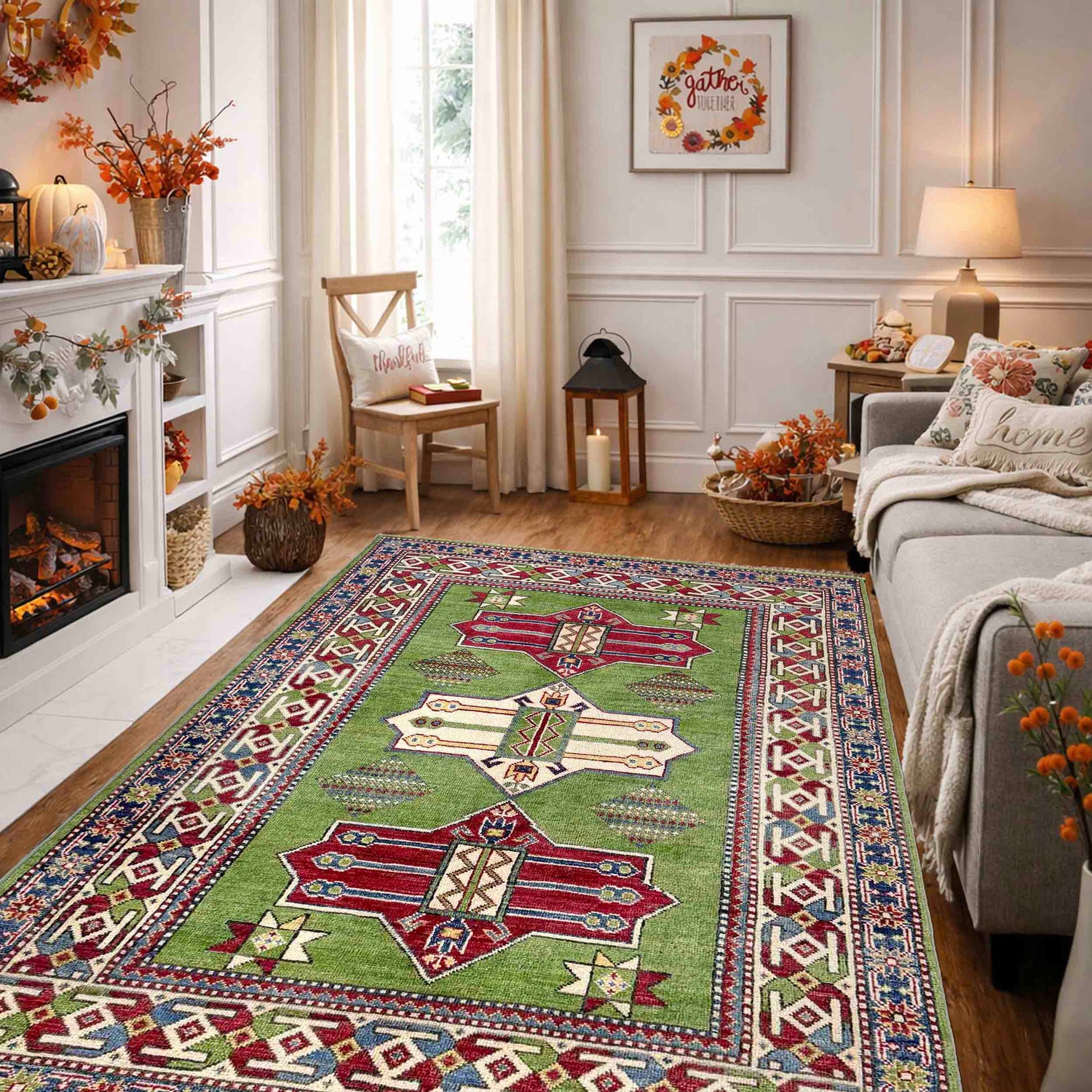 Kazak Rug Handmade Green Medallion 4x6 ft