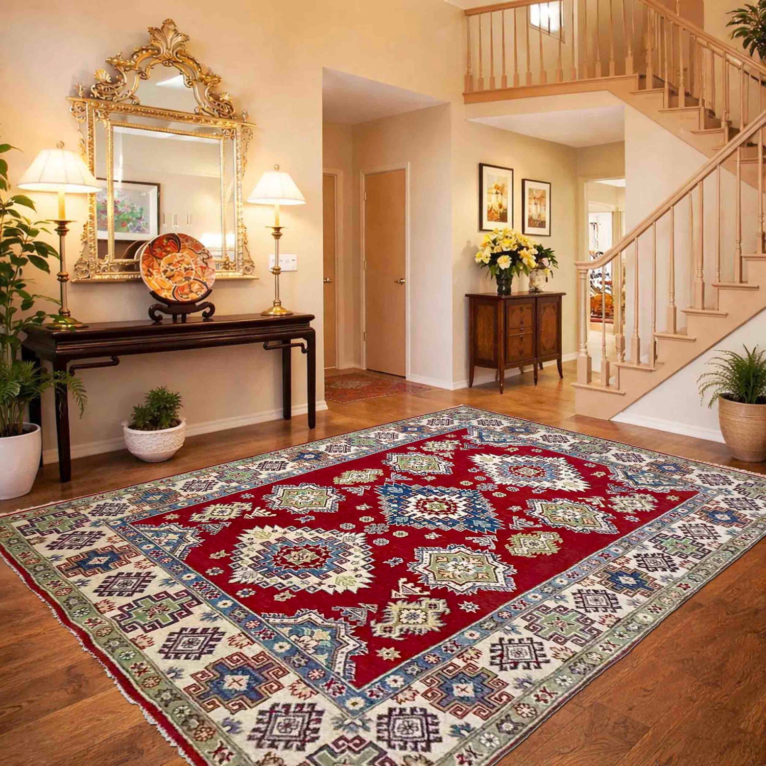 Kazak Rug Handmade Red Medallion 5x8 ft