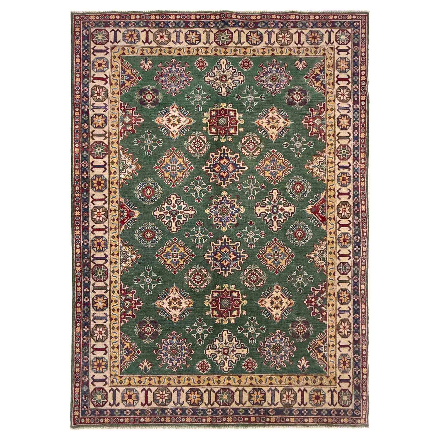 Kazak Rug Handmade Green Medallion 5x8 ft