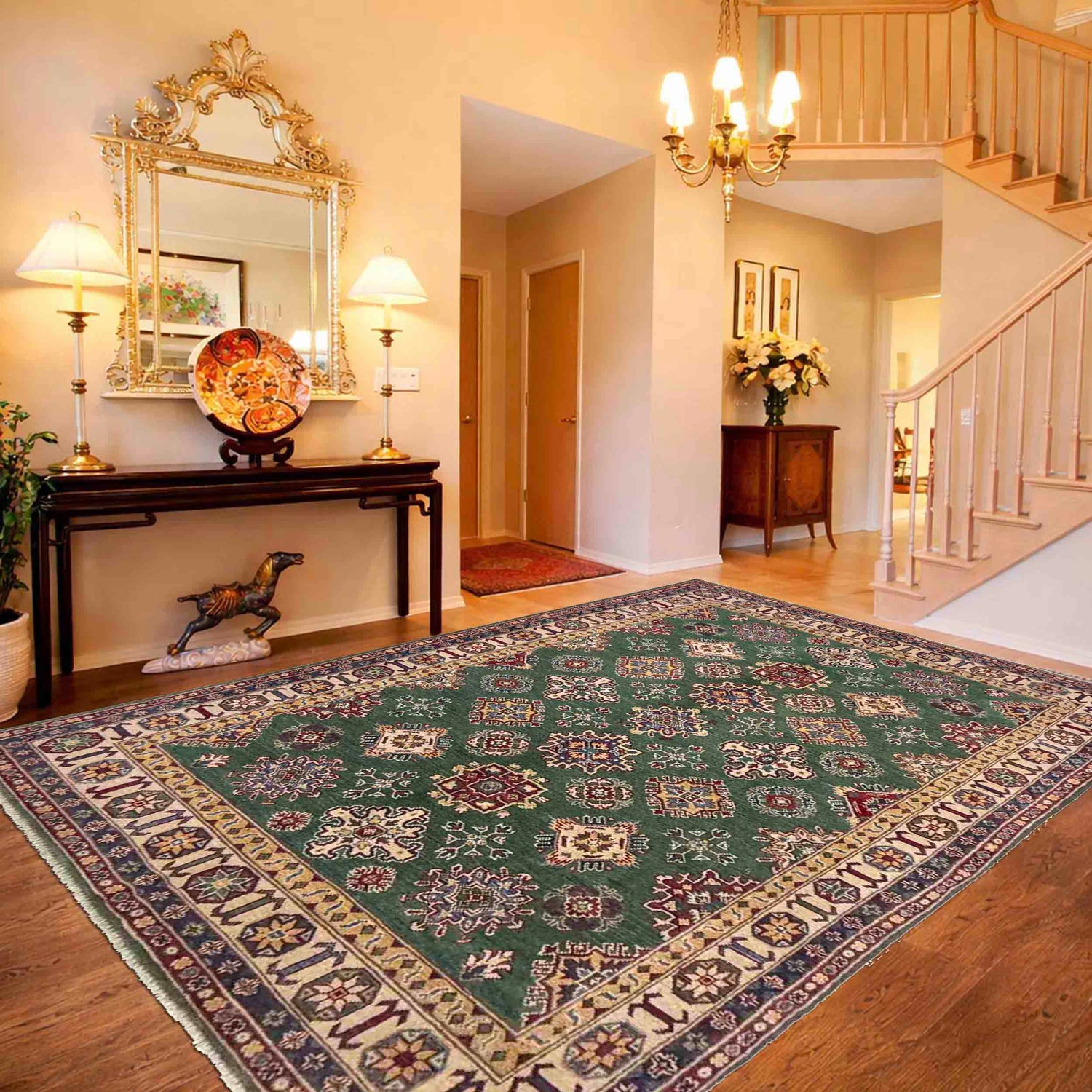 Kazak Rug Handmade Green Medallion 5x8 ft