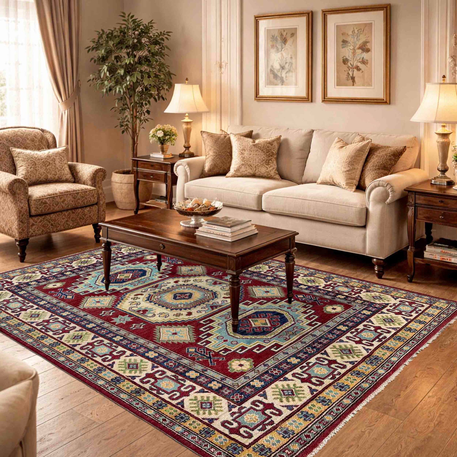 Kazak Rug Handmade Red Medallion 4x7 ft