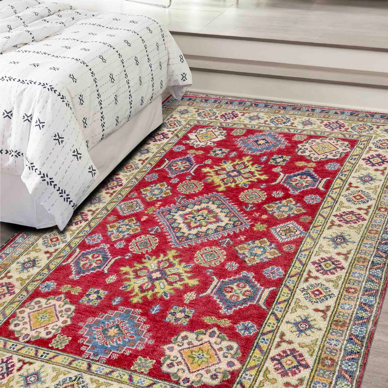 Kazak Rug Handmade Red Medallion 4x6 ft