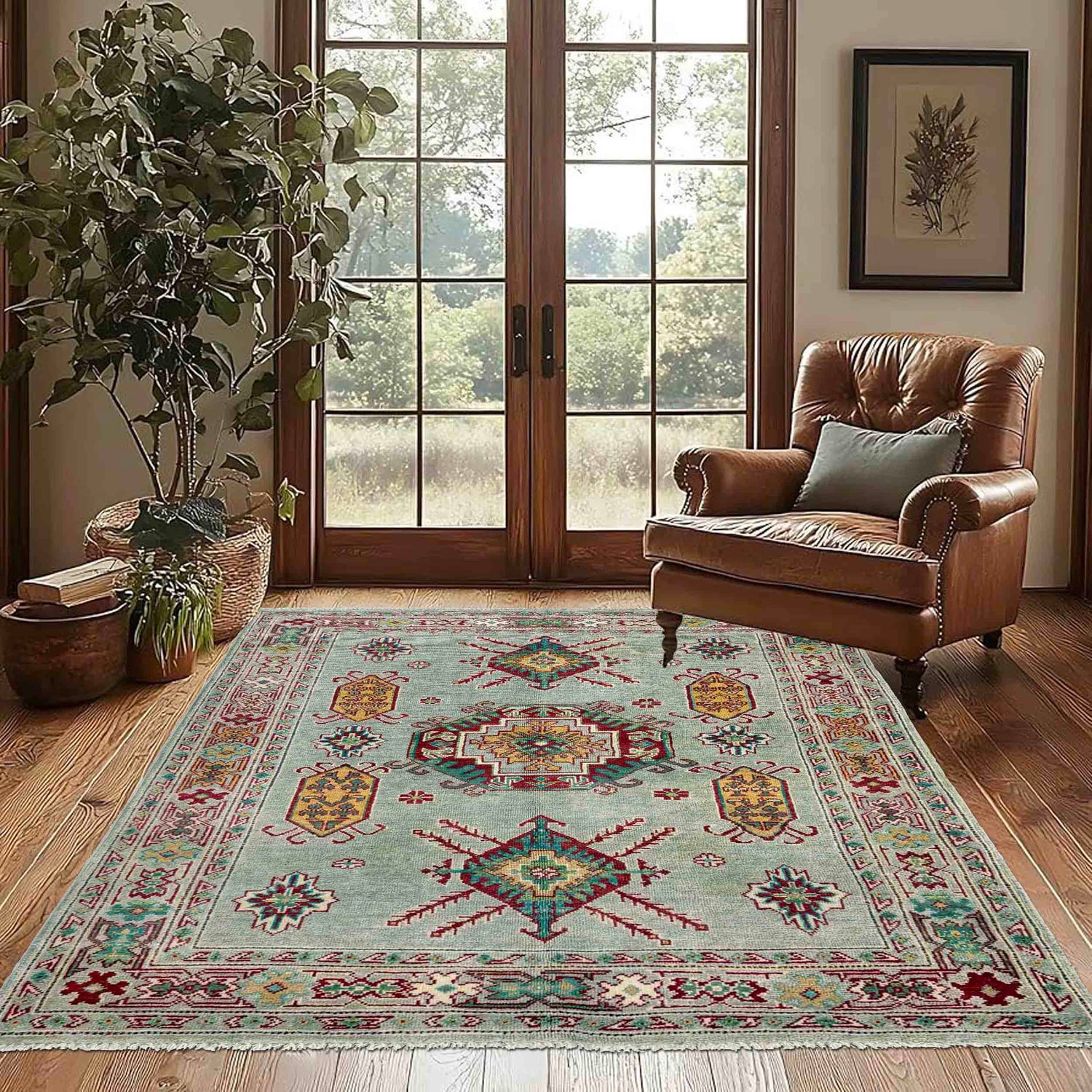 Kazak Rug Handmade Gray Medallion 4x6 ft
