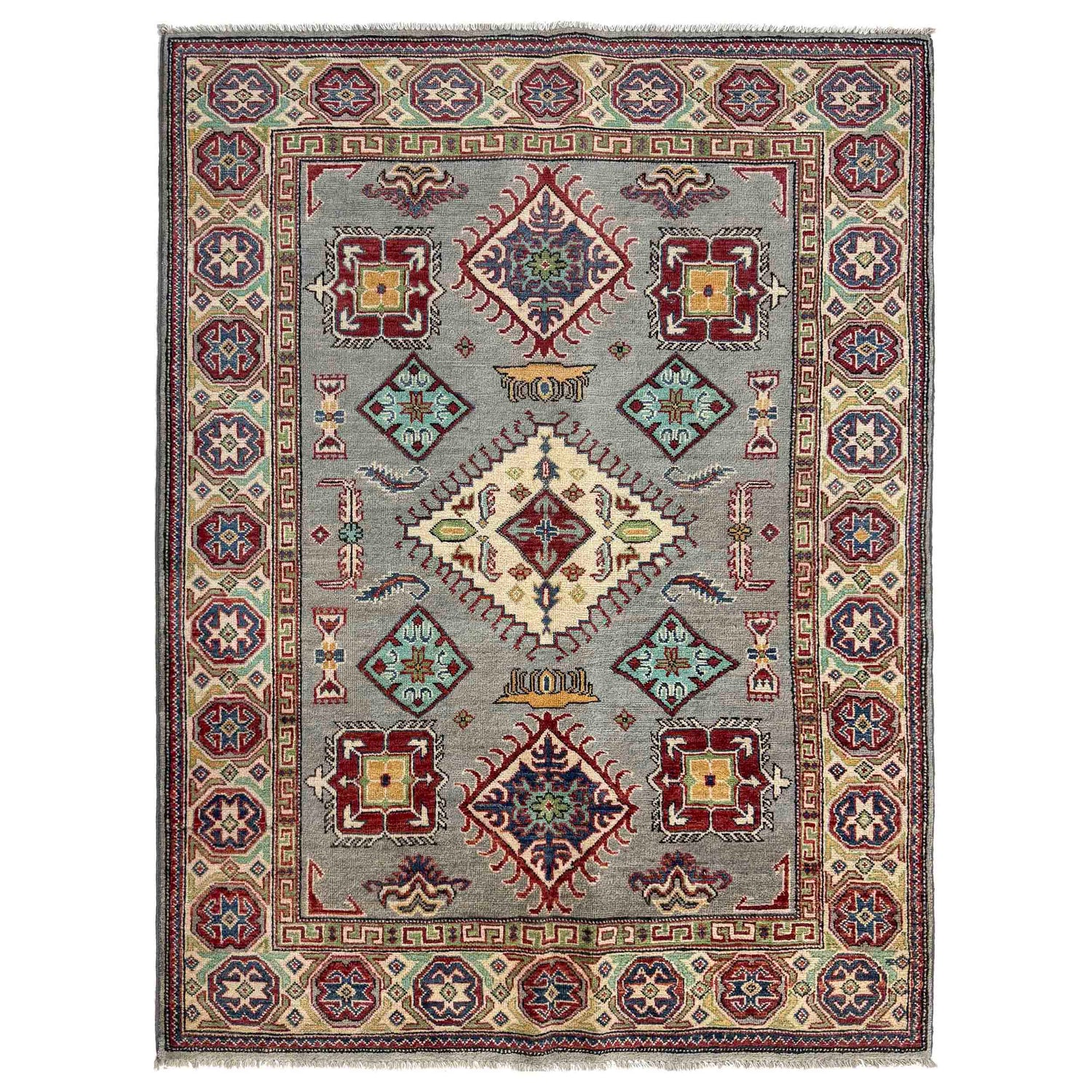Kazak Rug Handmade Gray Medallion 4x7 ft