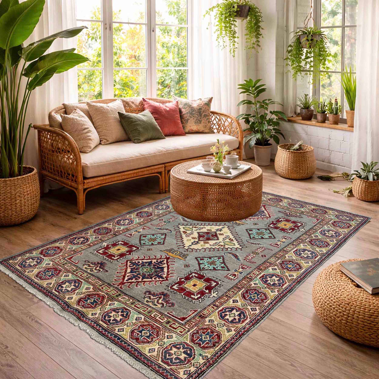 Kazak Rug Handmade Gray Medallion 4x7 ft