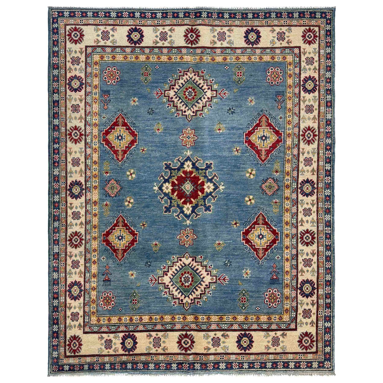 Kazak Rug Handmade Blue Medallion 4x7 ft