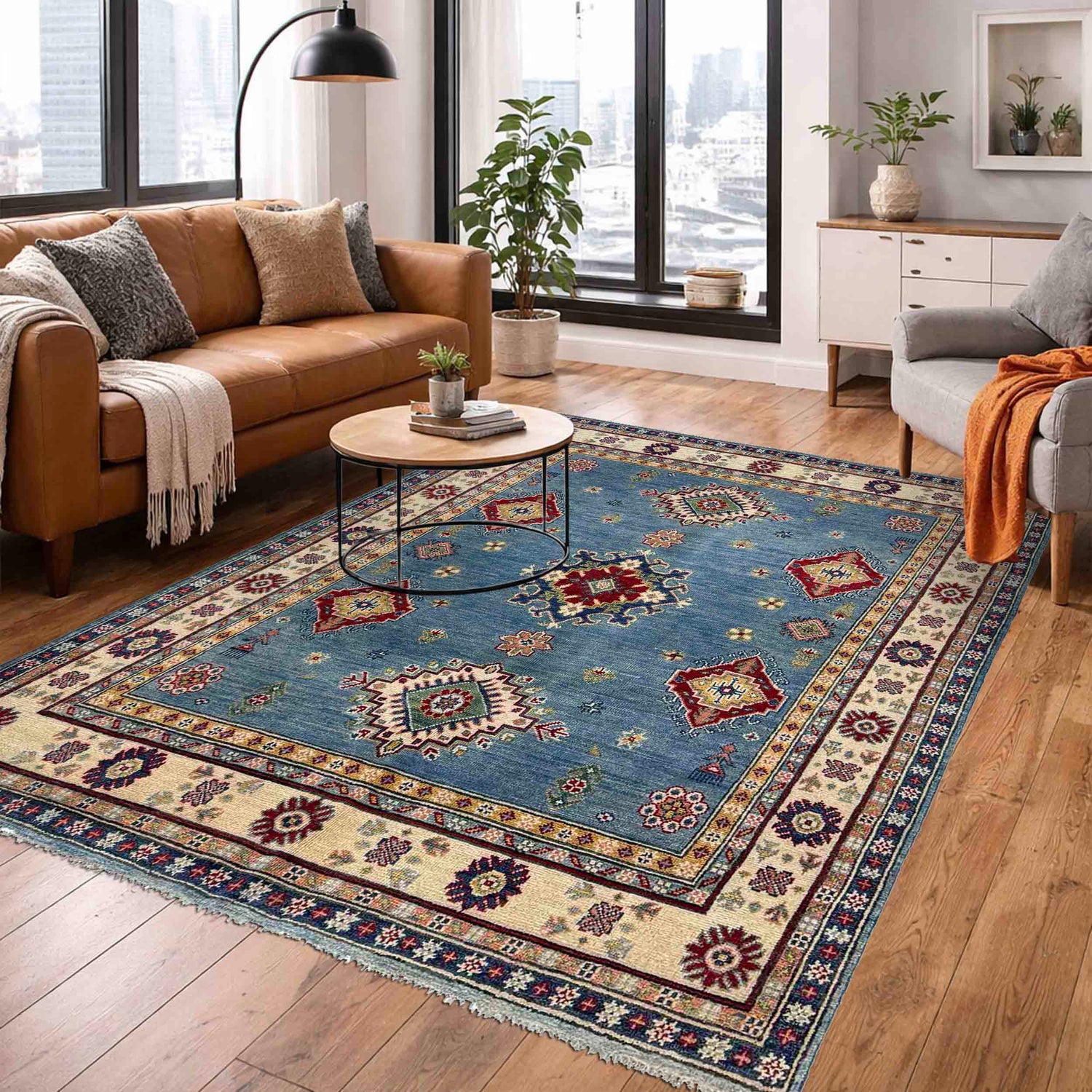 Kazak Rug Handmade Blue Medallion 4x7 ft