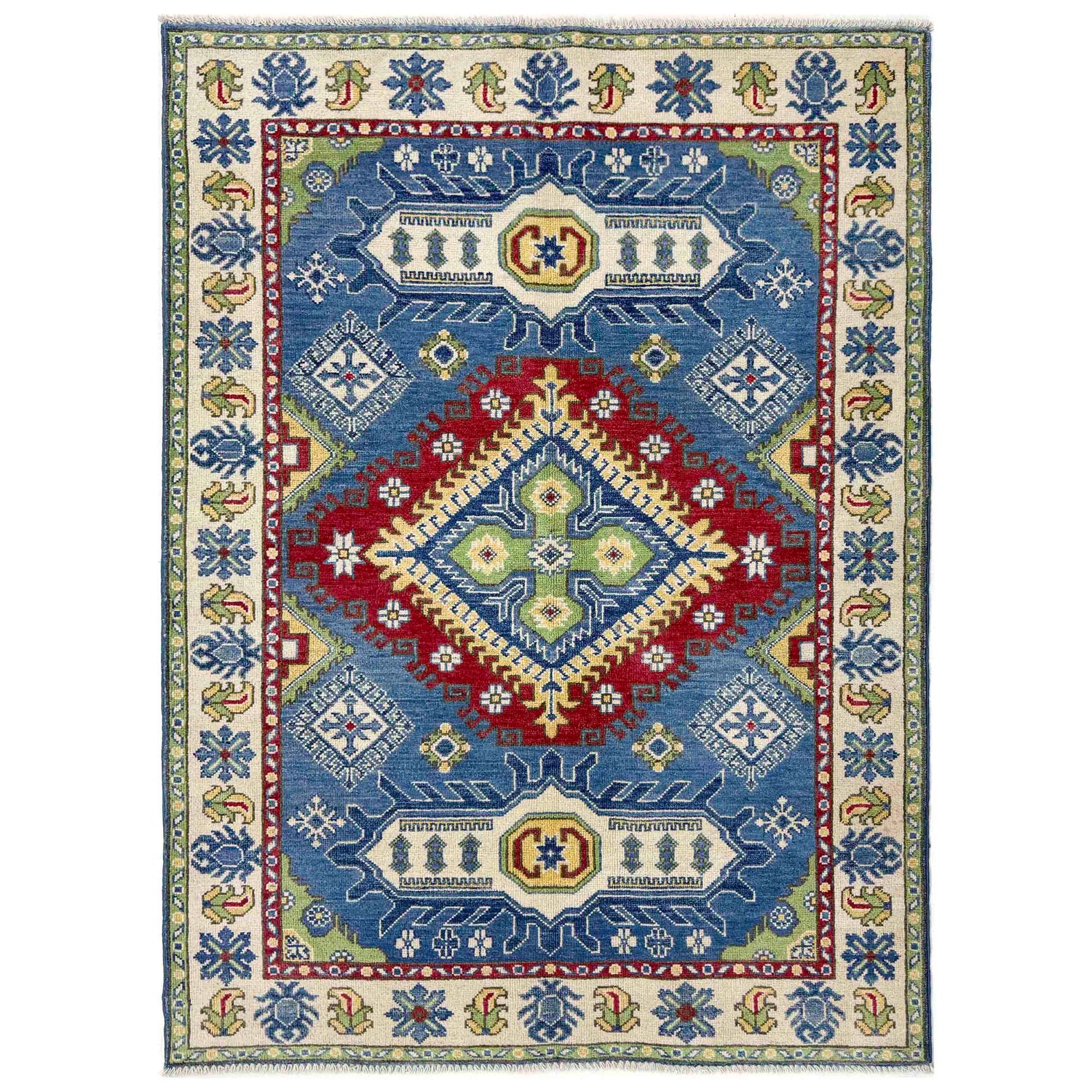 Kazak Rug Handmade Blue Medallion 4x6 ft