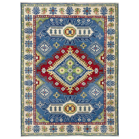 Kazak Rug Handmade Blue Medallion 4x6 ft