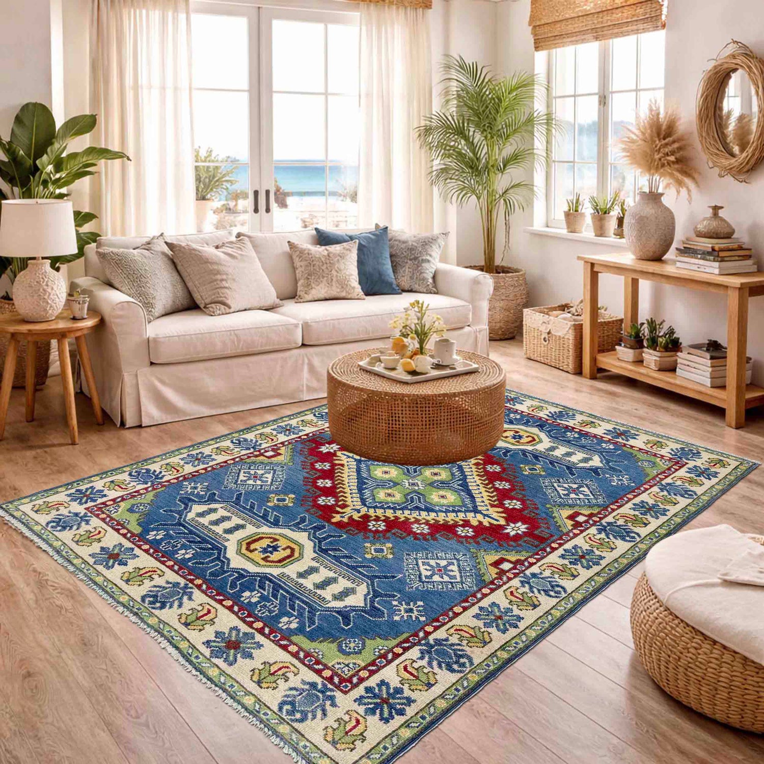 Kazak Rug Handmade Blue Medallion 4x6 ft