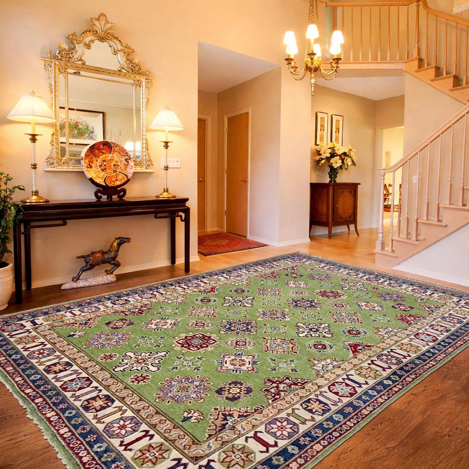 Kazak Rug Handmade Green Medallion 5x8 ft
