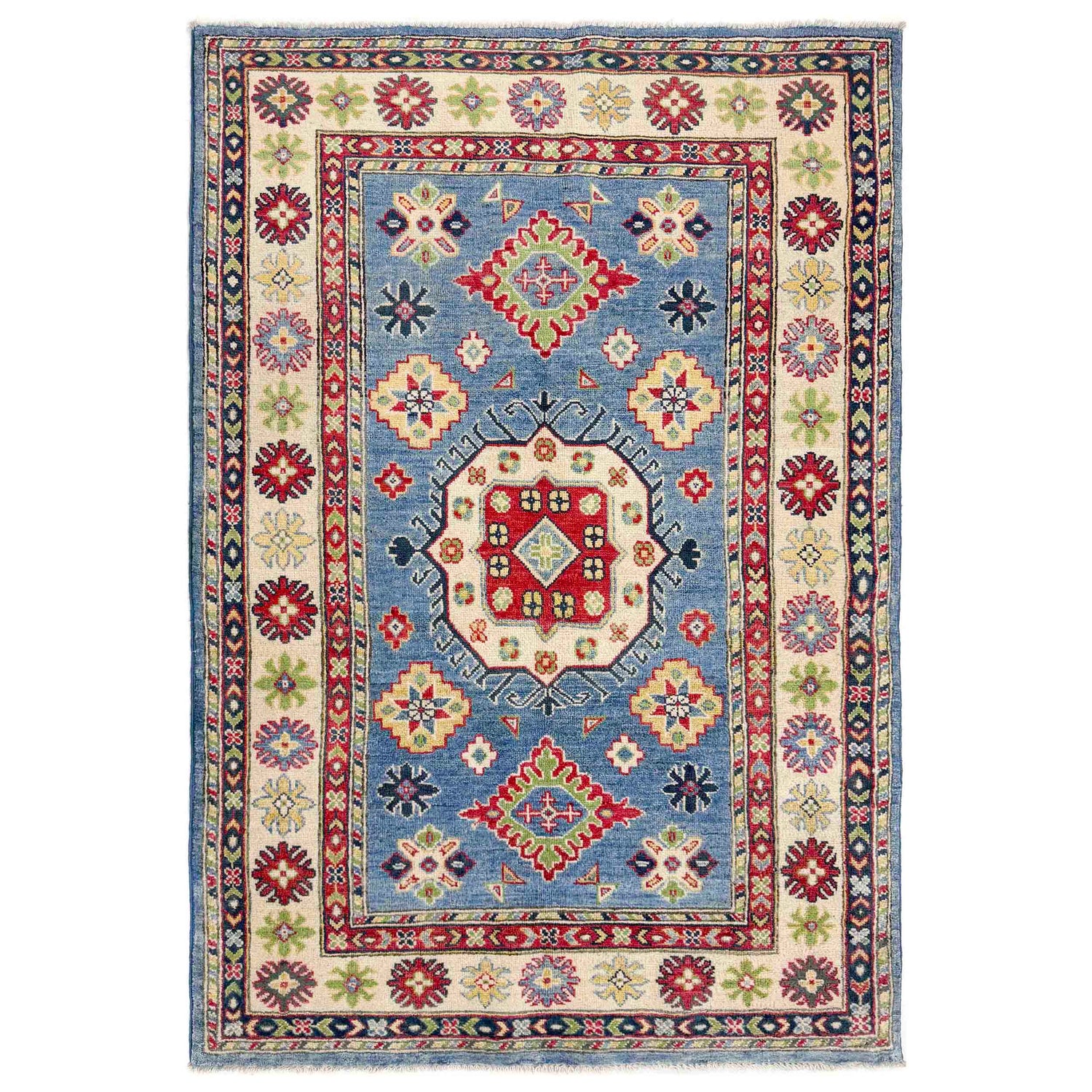 Kazak Rug Handmade Blue Medallion 4x6 ft