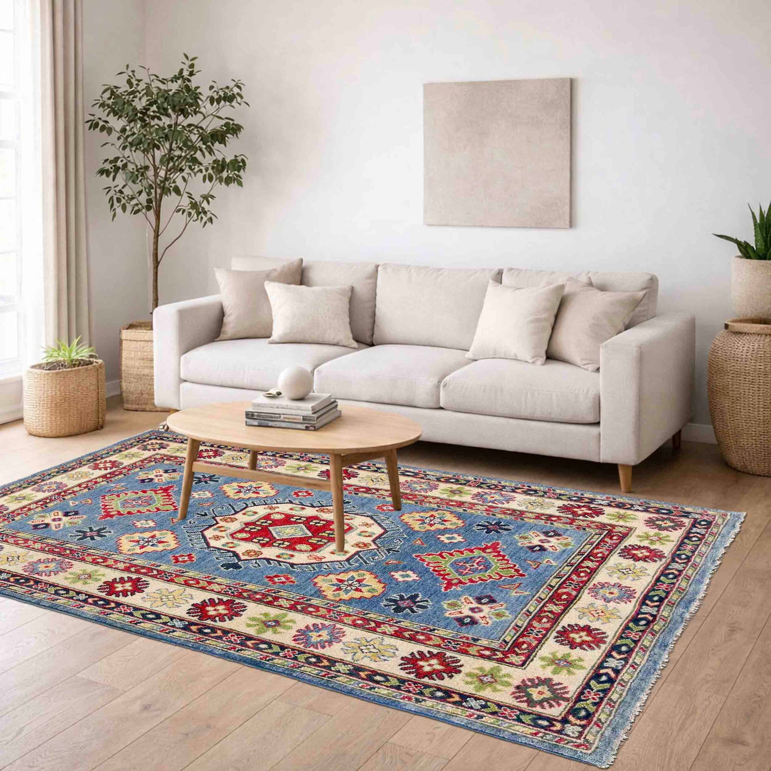 Kazak Rug Handmade Blue Medallion 4x6 ft
